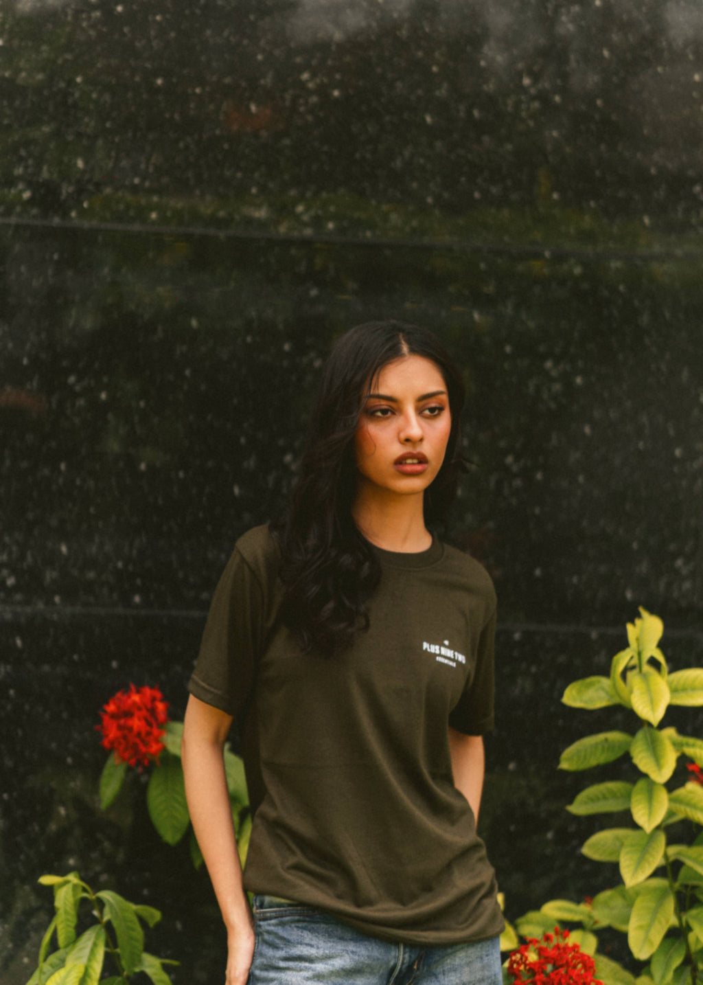 Close-up of Women’s Army Green Essentials Blend T-Shirt with +92 chest logo