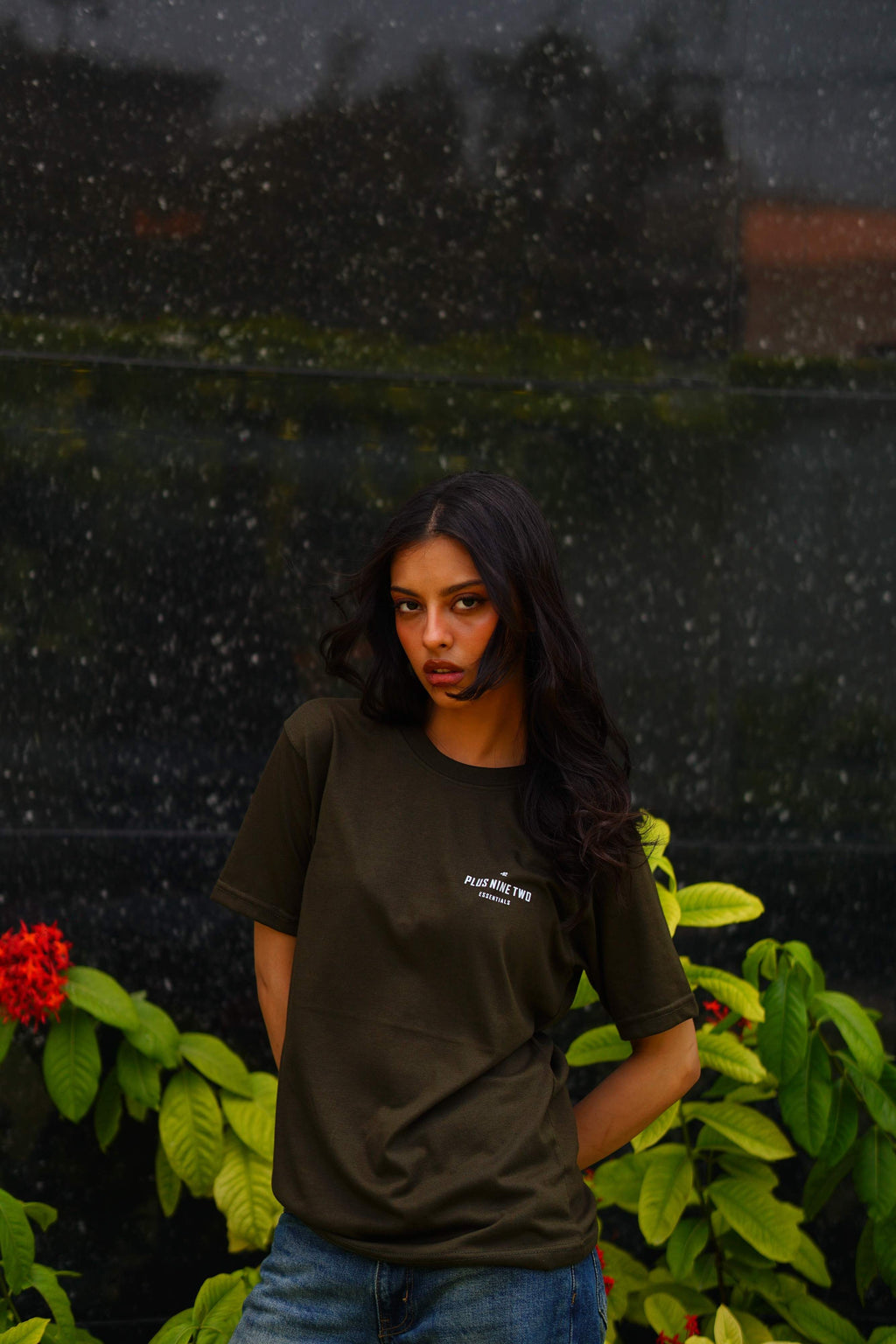 Women’s Army Green Blend T-Shirt styled with denim in outdoor photoshoot