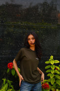 Women’s Army Green Essentials Blend T-Shirt front view with +92 logo