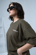 Women wearing Army Green Oversized T-Shirt by Plus92 Clothing