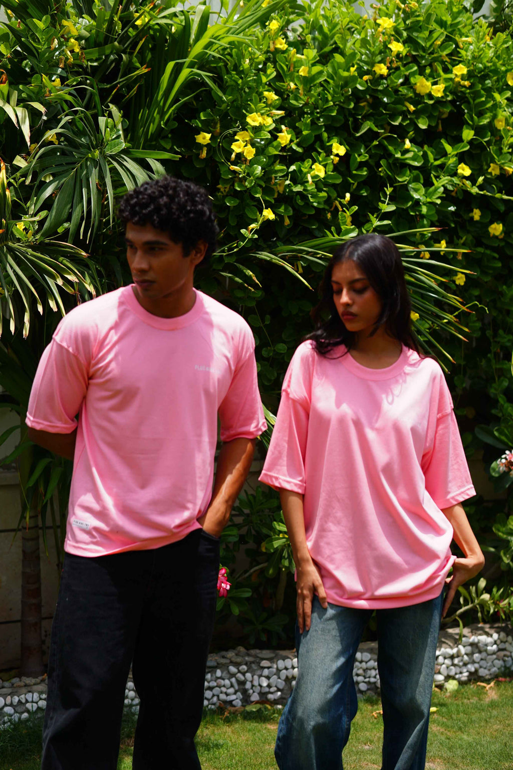 Male and female models styling Baby Pink Essentials Dropshirts by +92 Clothing