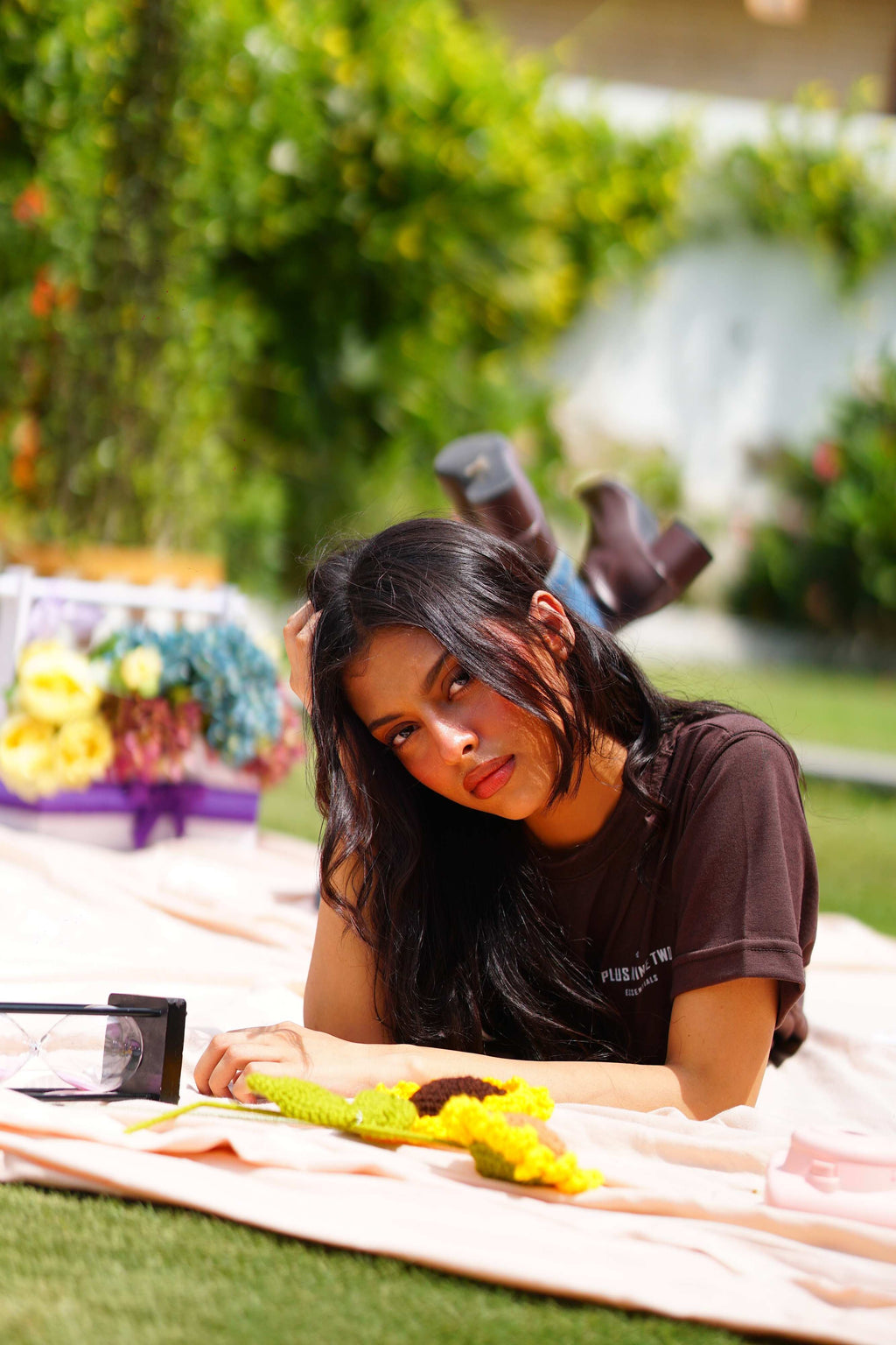 Women’s Karak Brown Essentials Blend T-Shirt styled in outdoor picnic setting