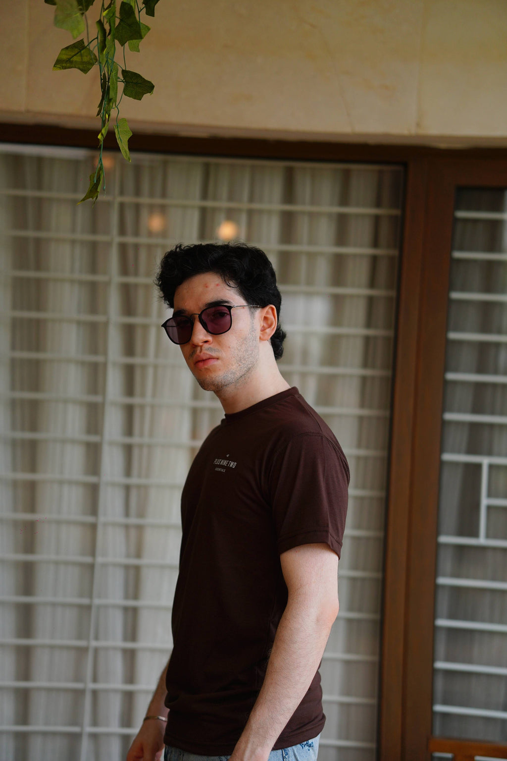 Men’s Karak Brown Essentials Blend T-Shirt side profile lifestyle image