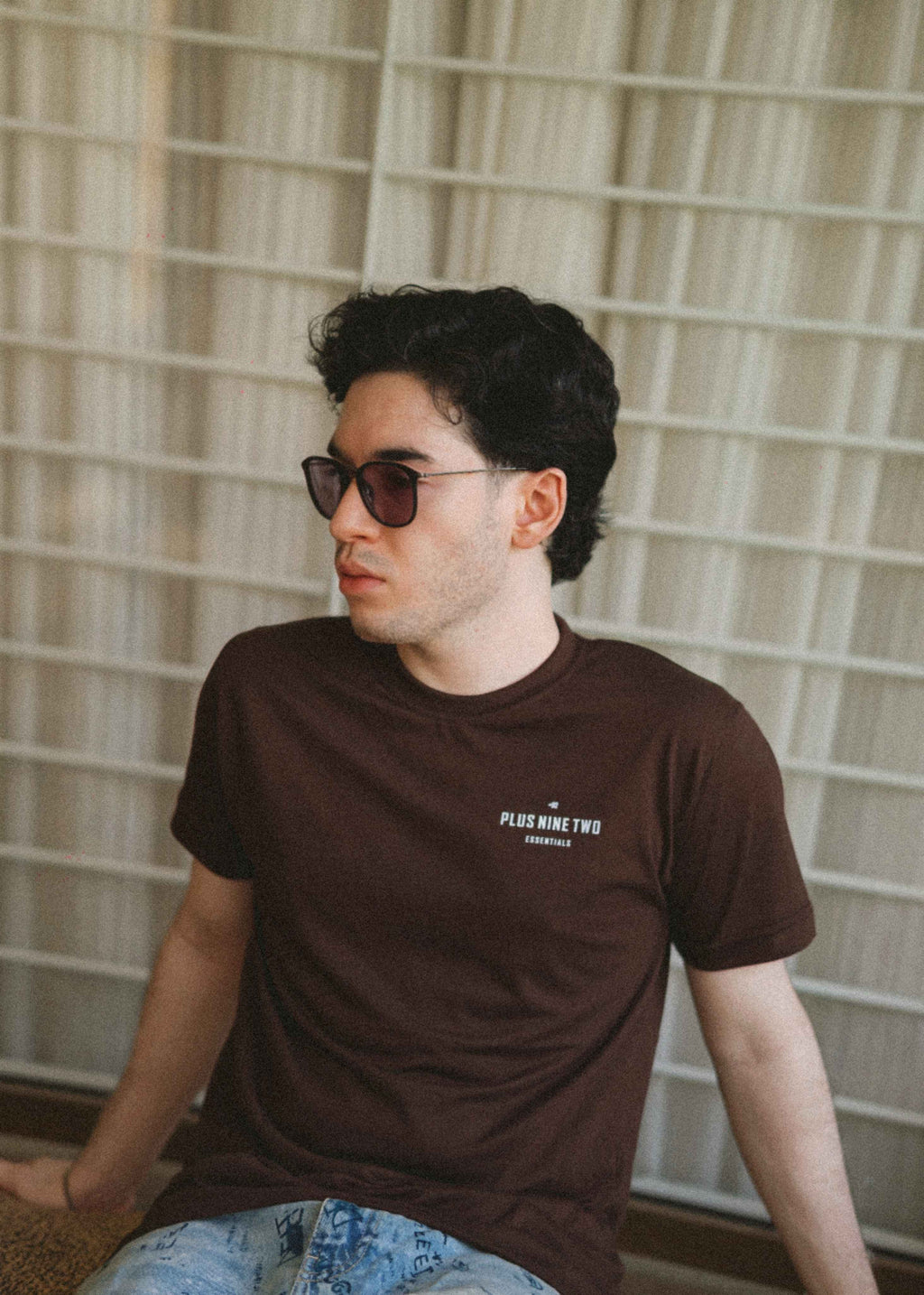 Men’s Karak Brown Essentials Blend T-Shirt seated indoor product image