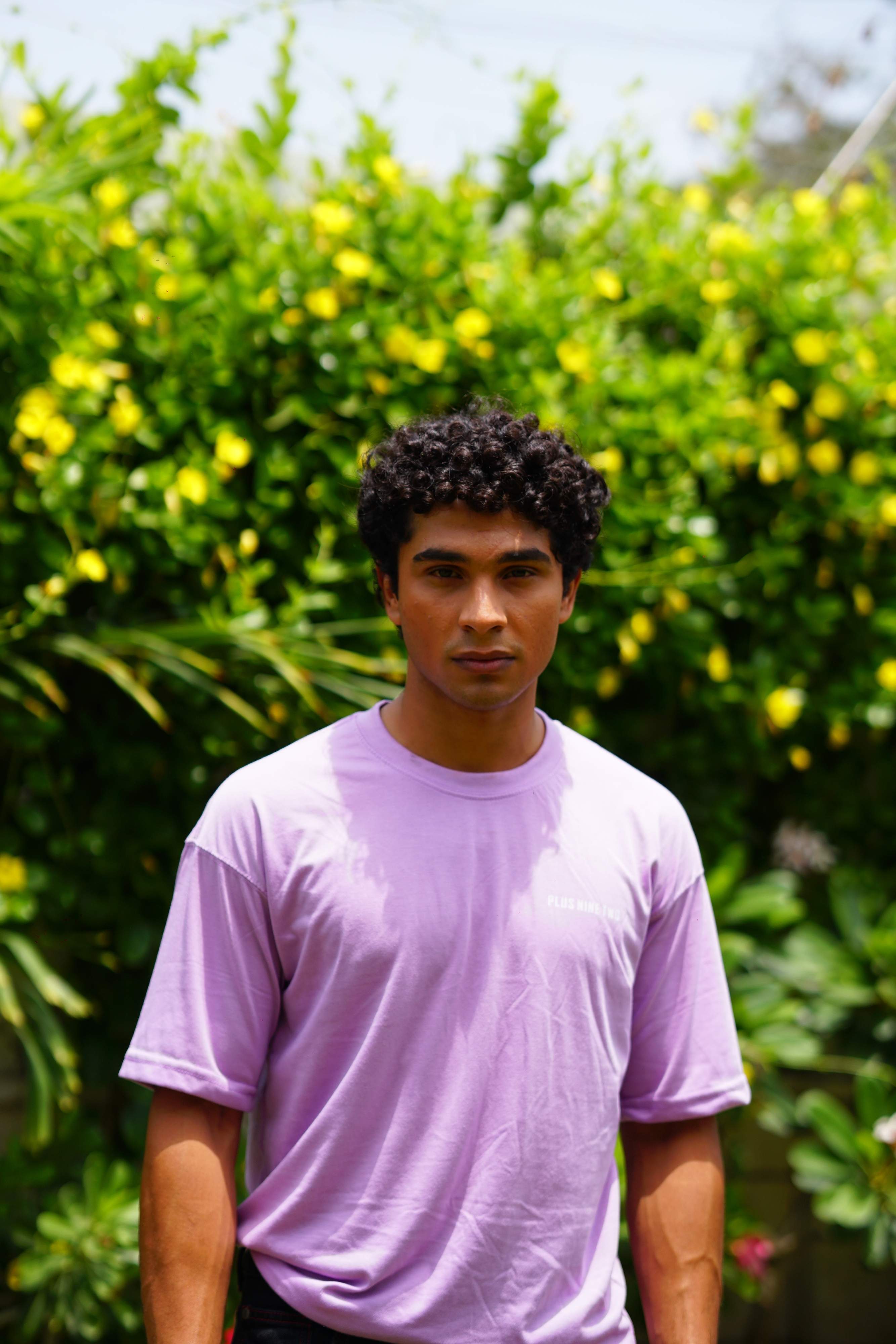 Front view of male model in Lahore Lilac Essentials Dropshirt men’s oversized t-shirt