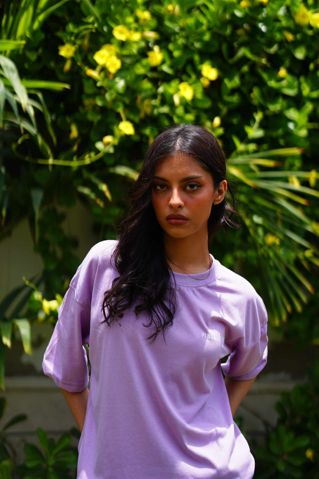 Women’s Lahore Lilac Essentials Dropshirt front view in garden photoshoot