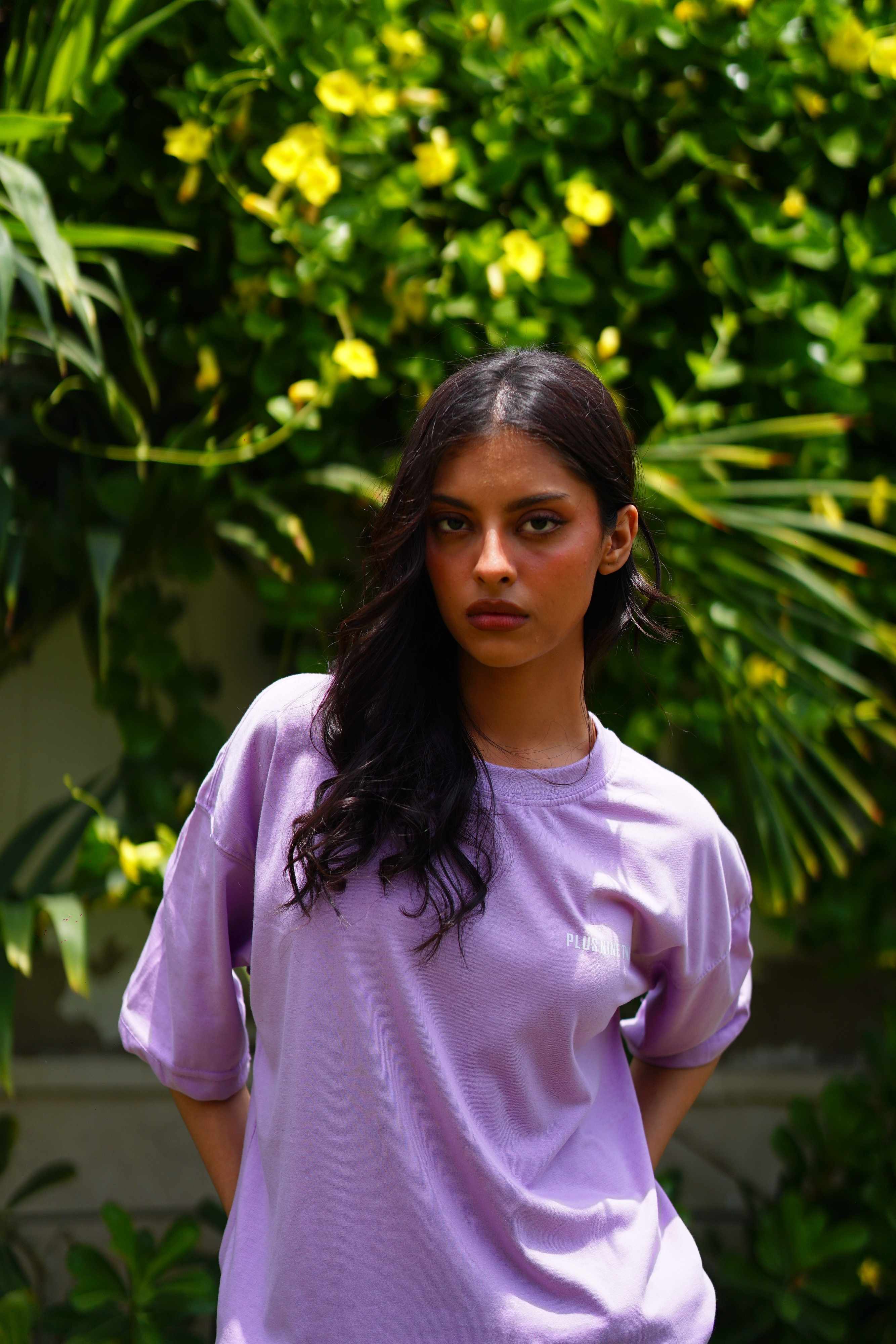 Women’s Lahore Lilac Essentials Dropshirt front view in garden photoshoot