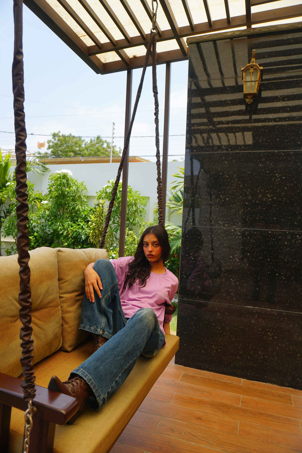 Women’s Lahore Lilac Essentials Dropshirt on garden swing