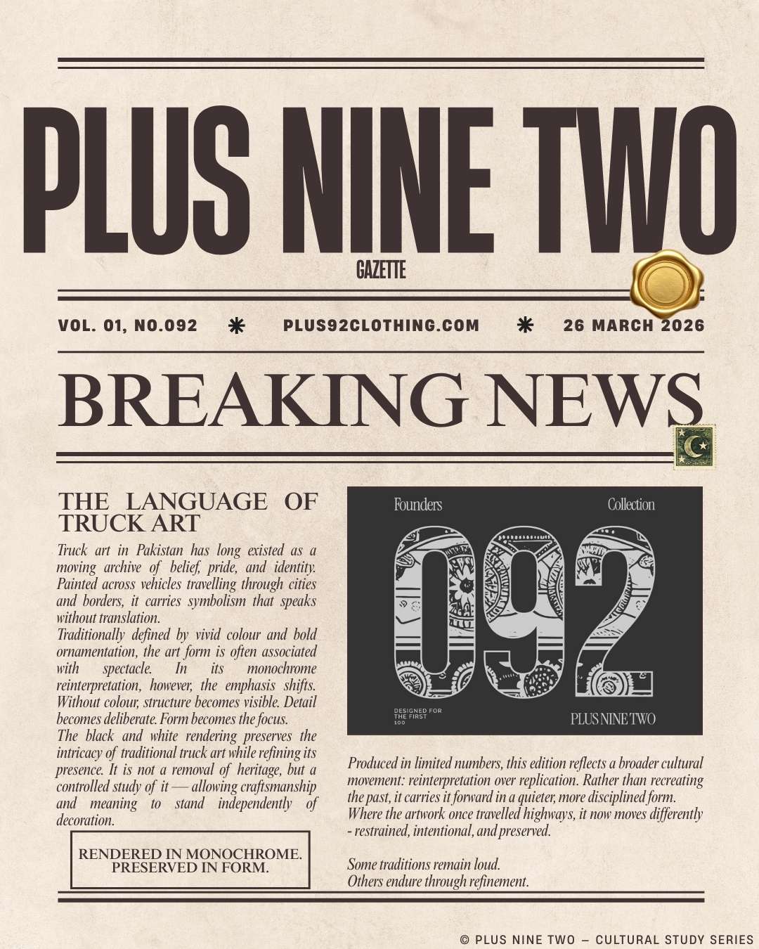 Newspaper-style layout with 'Plus Nine Two' branding and text about truck art.