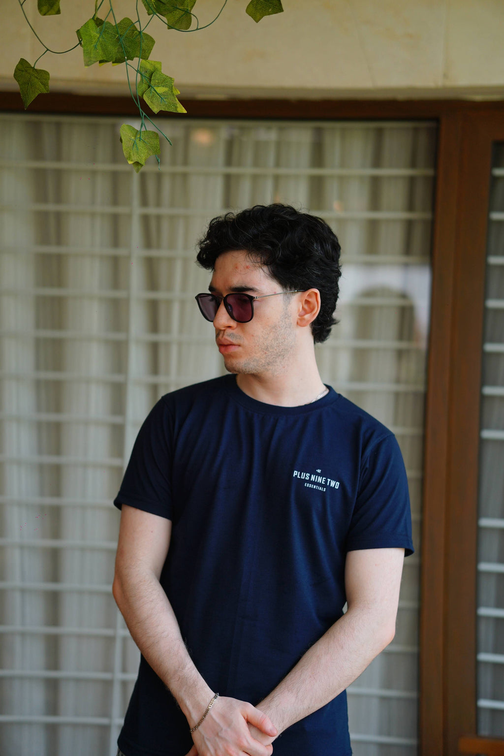 Men’s Indus Navy Blue Essentials Blend T-Shirt side angle lifestyle image