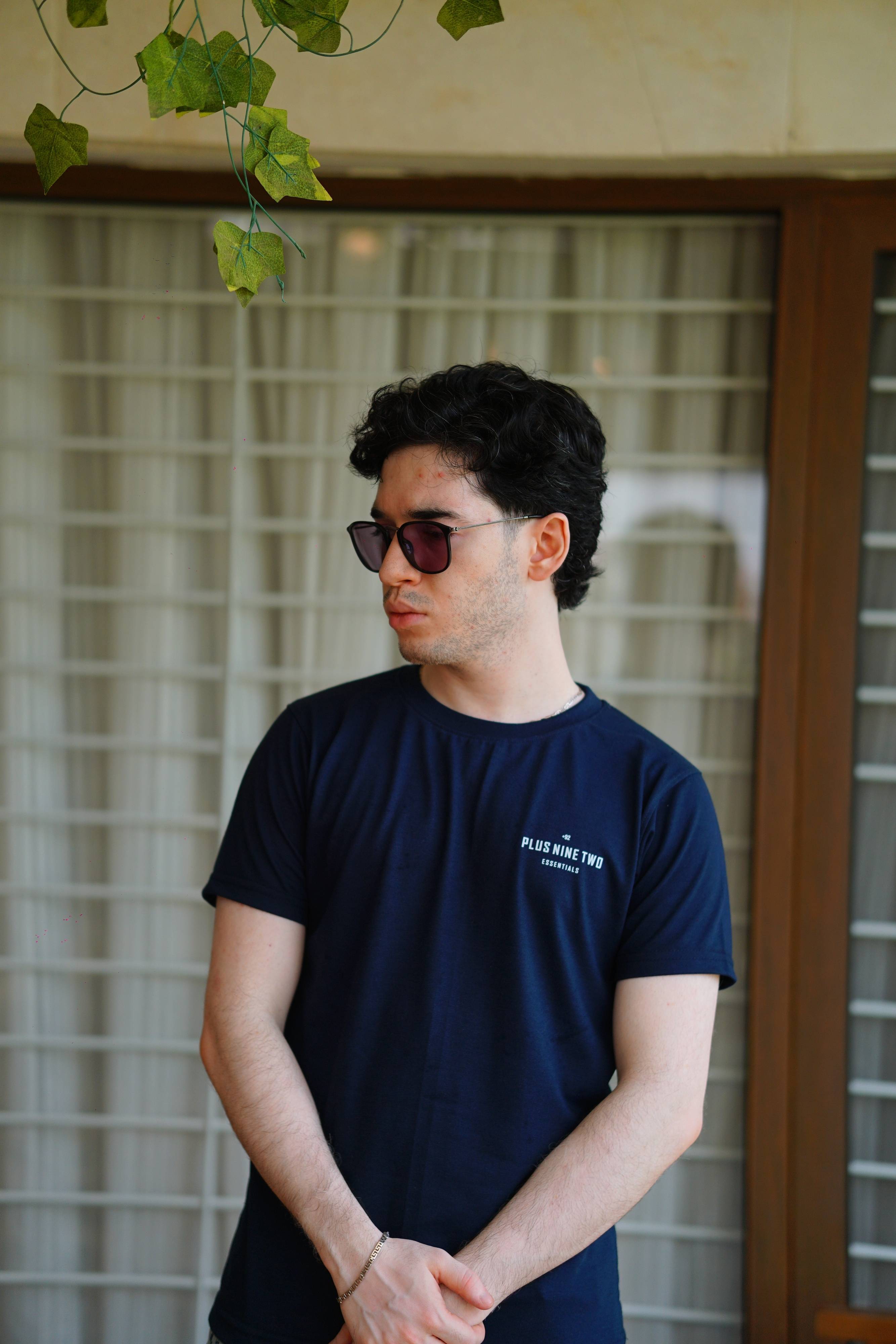 Men’s Indus Navy Blue Essentials Blend T-Shirt side angle lifestyle image