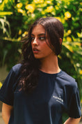 Close-up portrait wearing Women’s Indus Navy Blue Essentials Blend T-Shirt