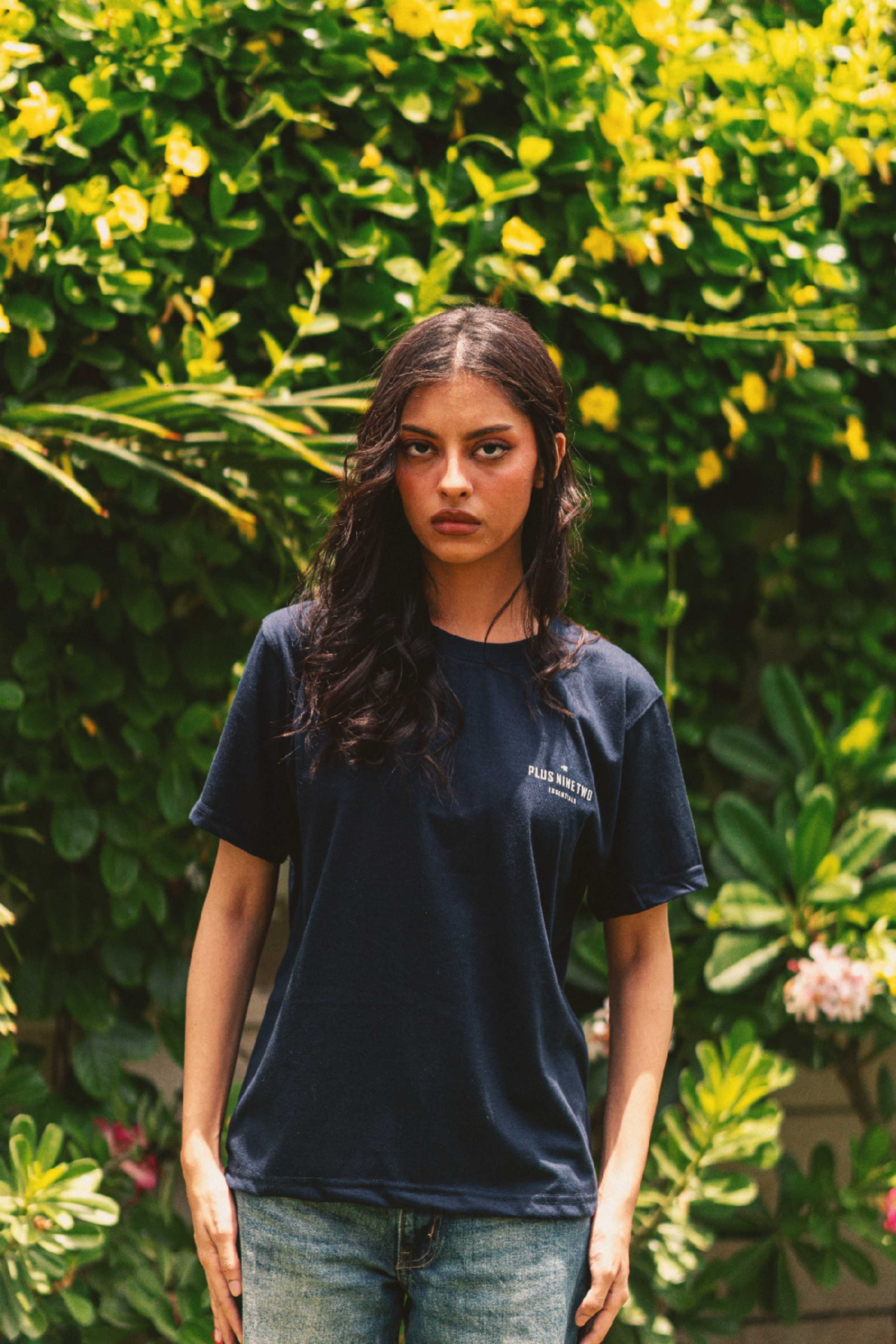 Women’s Indus Navy Blue Essentials Blend T-Shirt front view with denim
