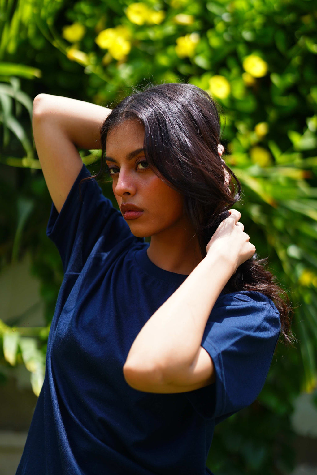 Women’s Indus Navy Blue Blend T-Shirt close-up lifestyle image