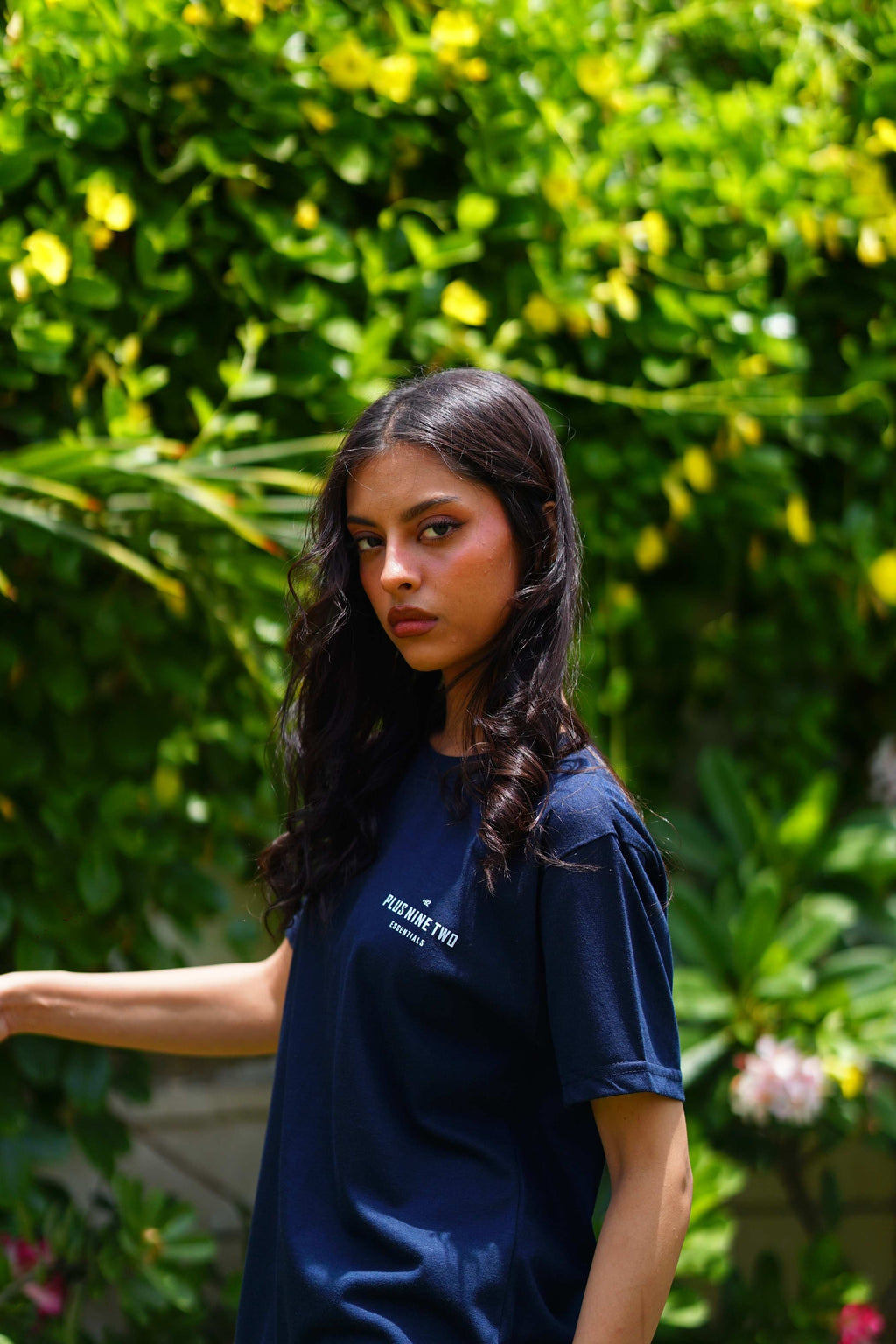 Women’s Indus Navy Blue Essentials Blend T-Shirt styled in outdoor garden photoshoot